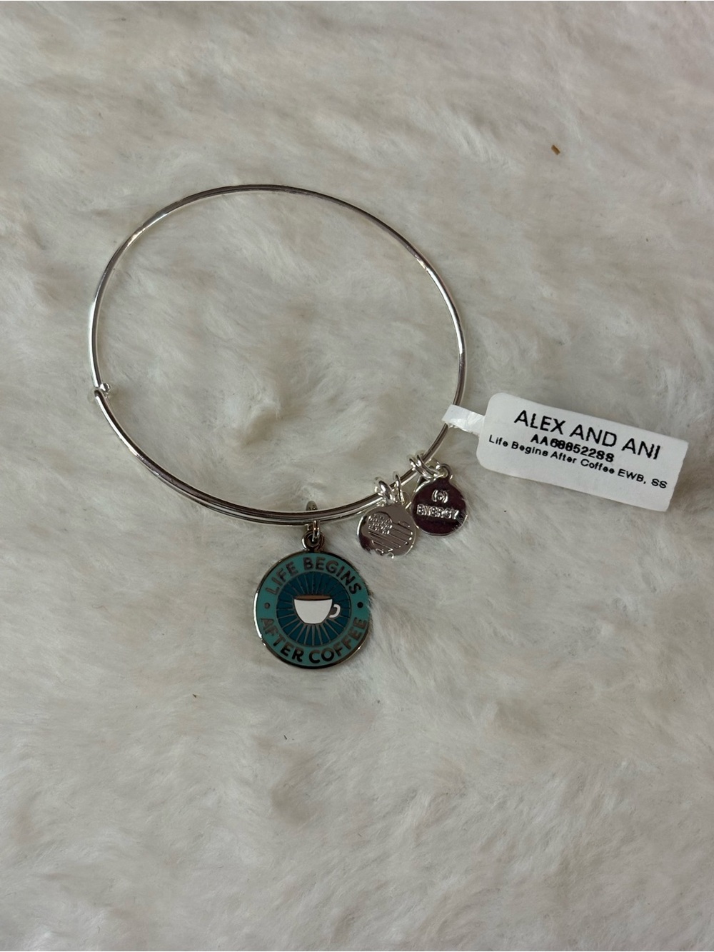 Alex and Ani Silver Bangle with Teal Enamel 'Life Begins After Coffee' Charm
